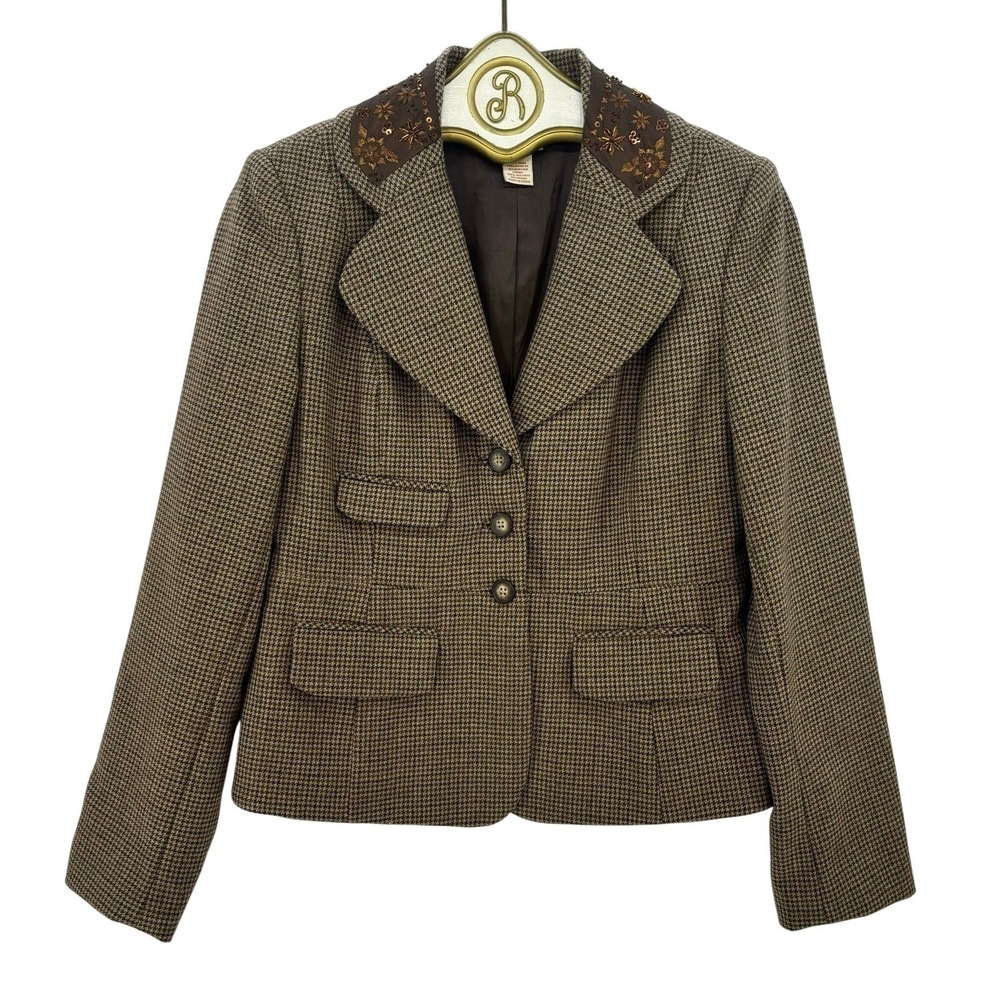 Sundance Wool Blazer size 4 Brown Houndstooth Vintage Beaded Embellished Collar
